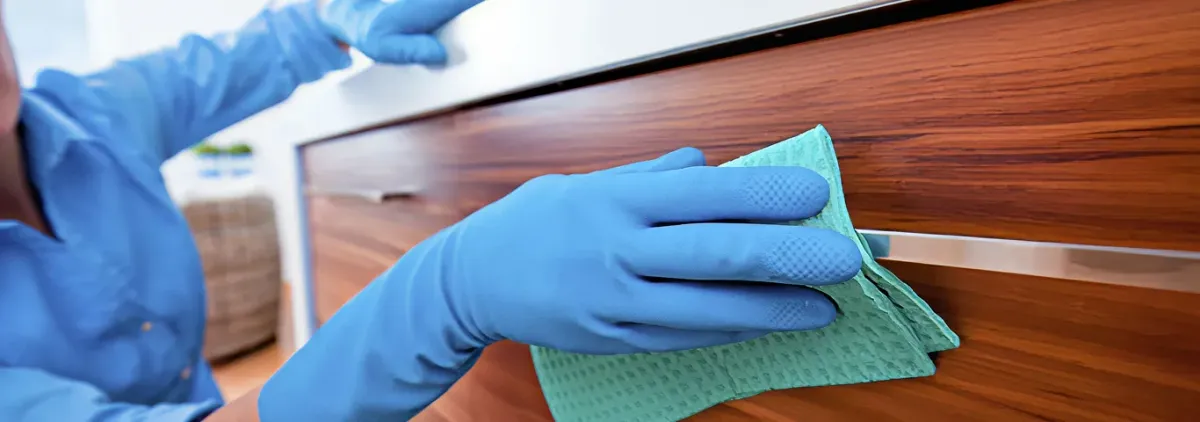 Cleaner wearing blue gloves wiping a wooden cabinet drawer with a microfiber cloth for dust and grime removal, Tulsa, OK.